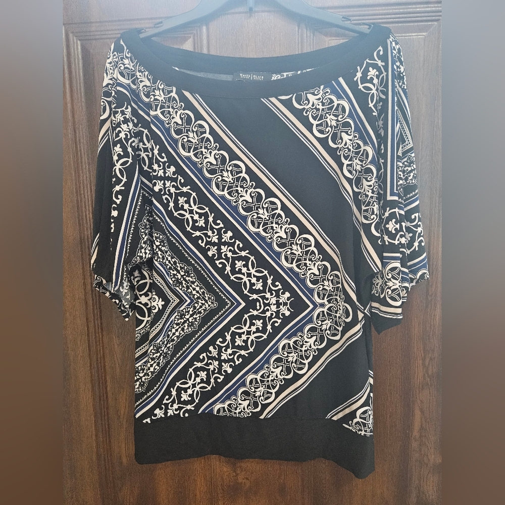 White House Black Market Black and White Geometric Blouse